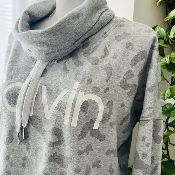 Calvin Klein Gray Leopard Print Turtleneck Cropped Sweatshirt Size Small - Picture 5 of 8